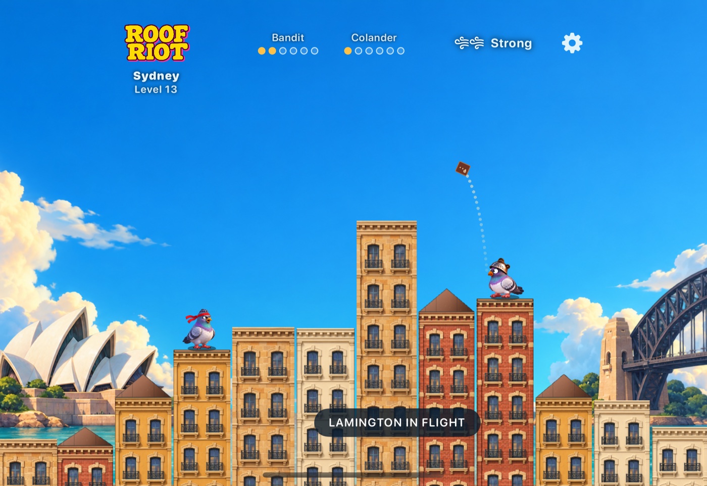 Roof Riot gameplay in Sydney, with two pigeons on rooftops and a food projectile in flight.